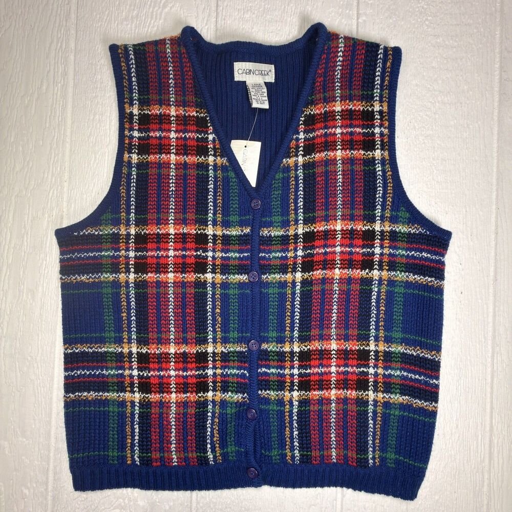 1999 Cabin Creek Women’s L NWT Tartan Plaid Sweater Vest Navy Red Grandpacore